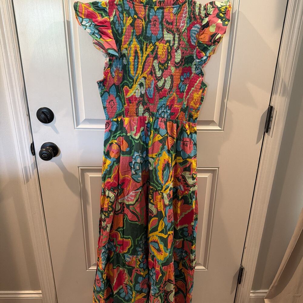 Sugarlips NWT L Maxi Dress Multicolor Floral Smocked Ruffle Flutter Short Sleeve - Picture 6 of 7